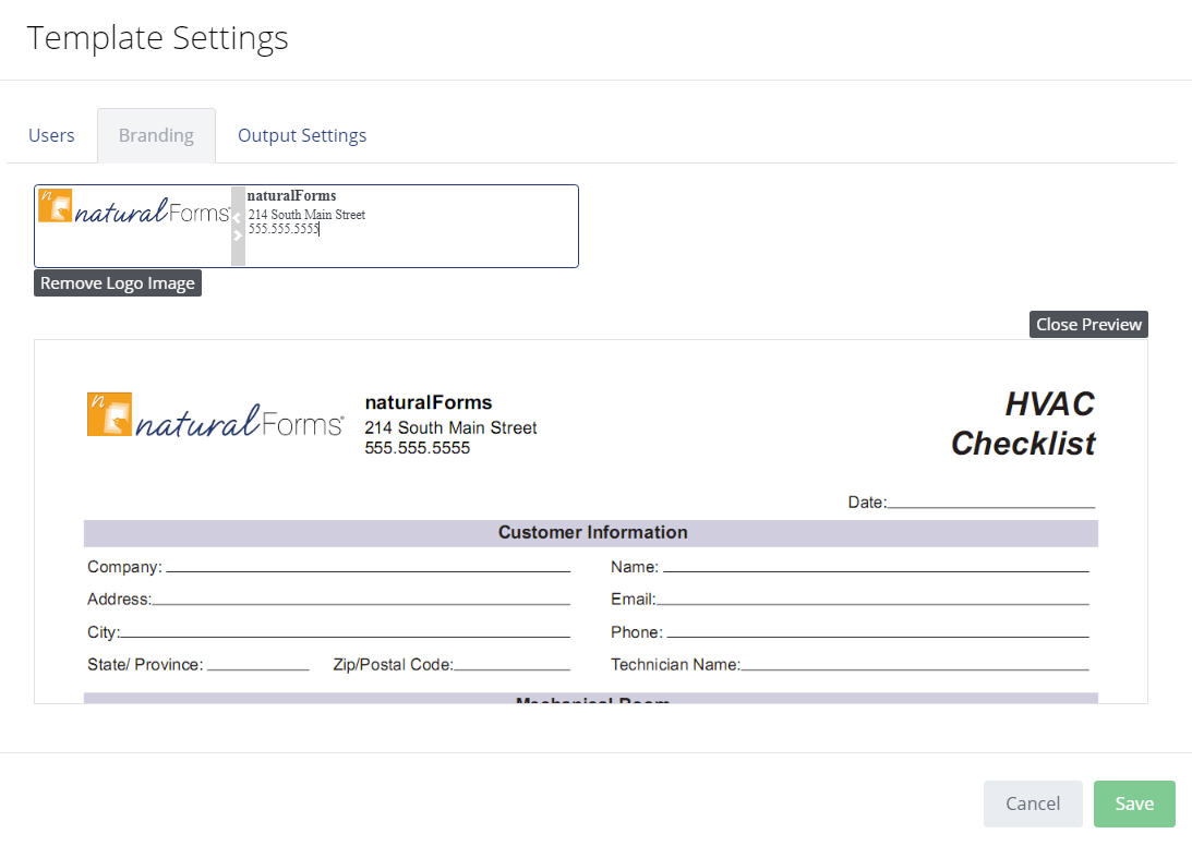 Edit Template Settings naturalForms Support