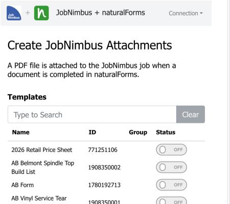 naturalforms jobnimbus templates status