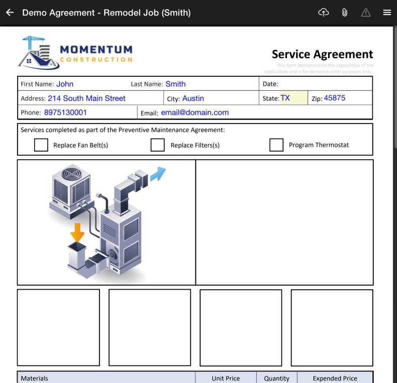 naturalforms app demo agreement prefilled